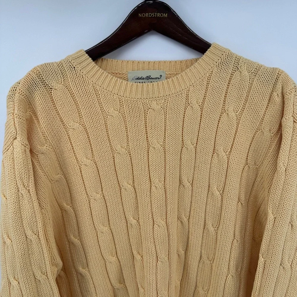 Eddie‎ Bauer Mens Medium Yellow Cable Knit Crewneck Sweater 100% Cotton Chunky - Picture 6 of 9